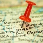 Location Iowa state, map with red push pin pointing close-up, USA, United States of America