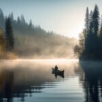Men canoeing in tranquil forest, backlit by sunset generated by AI